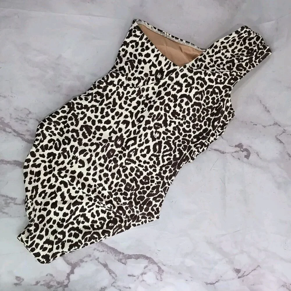 J Crew One Piece One Shoulder Ruched Bikini Leopard Swim Suit BF245 NEW